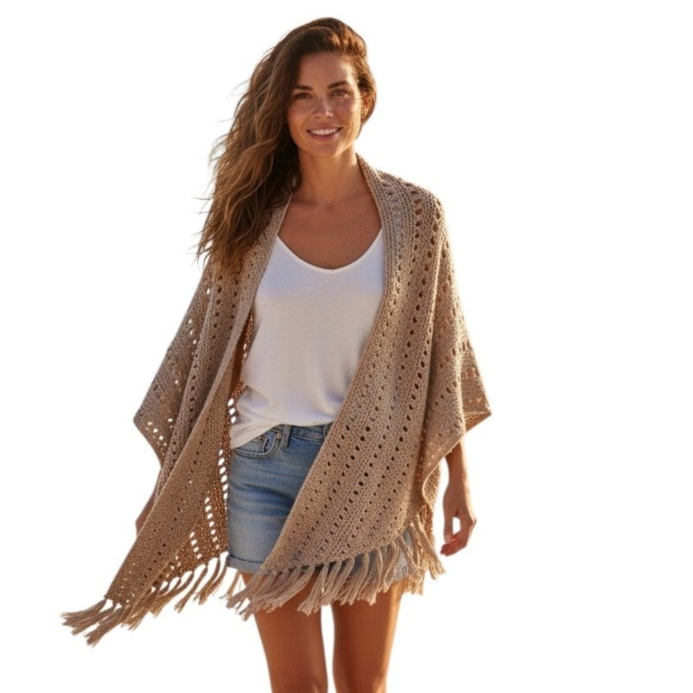 Handmade Crochet Open Knit Women's Fringe Beachy Versatile Shawl Pancho Bohemian